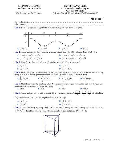 Đề thi tháng 04/2019 môn Toán 12 trường THPT chuyên Bắc Giang